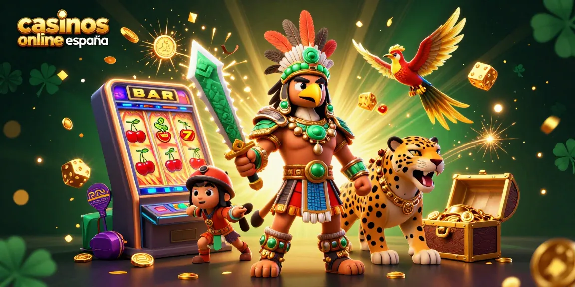 Juega en casinos online en España con una emocionante ilustración de guerreros aztecas y tragamonedas.