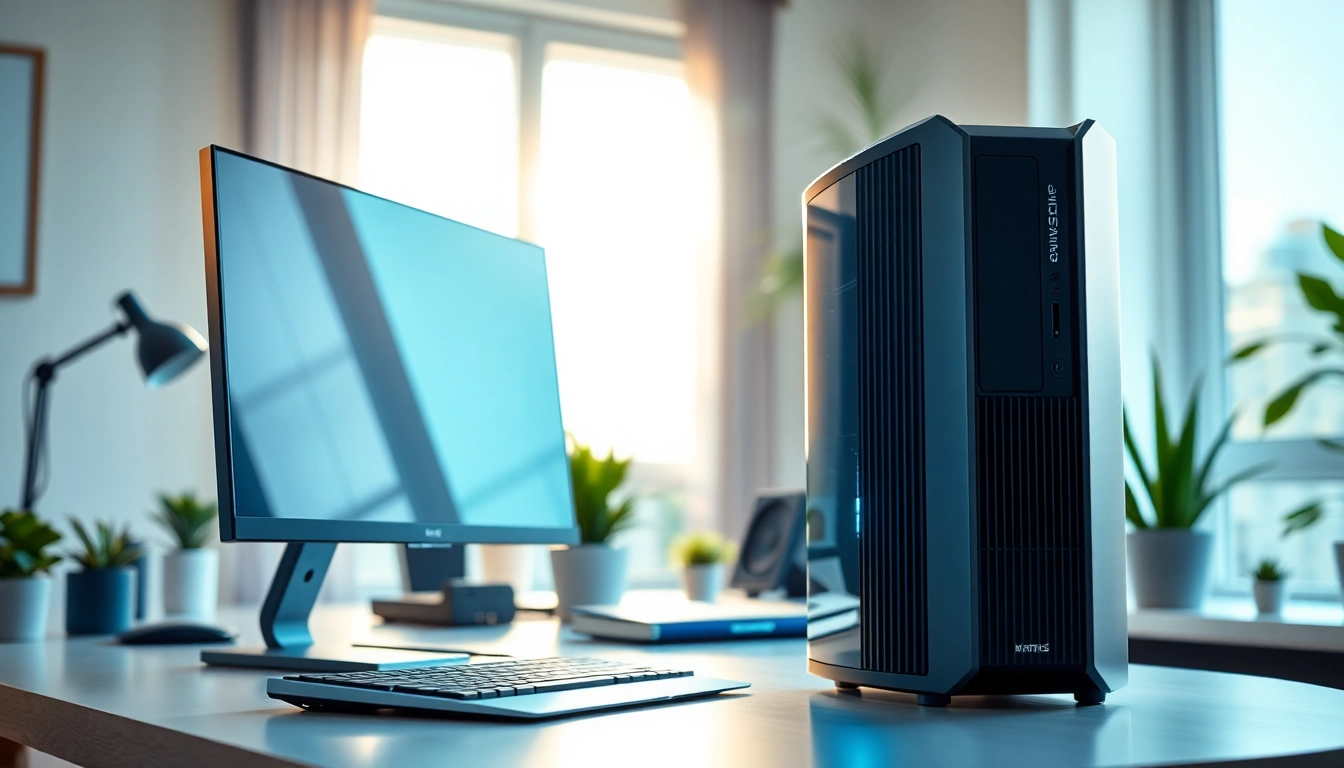 Επικεντρωθείτε σε refurbished pc σε σύγχρονο γραφείο με χρώματα και φωτισμό.