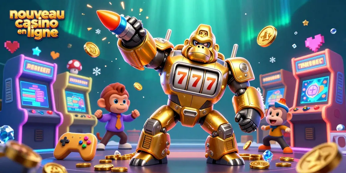 Une illustration dynamique du nouveau casino en ligne avec un gorille mech doré et des pièces de casino.