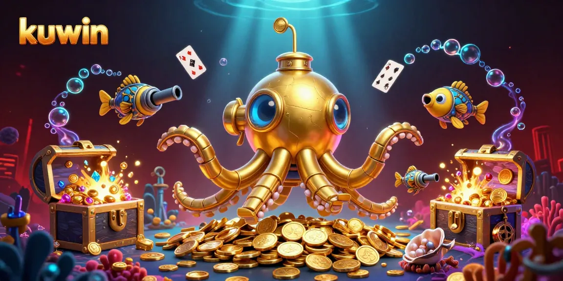 Kuwin-themed underwater adventure featuring a kraken submarine and gold treasure explosion.