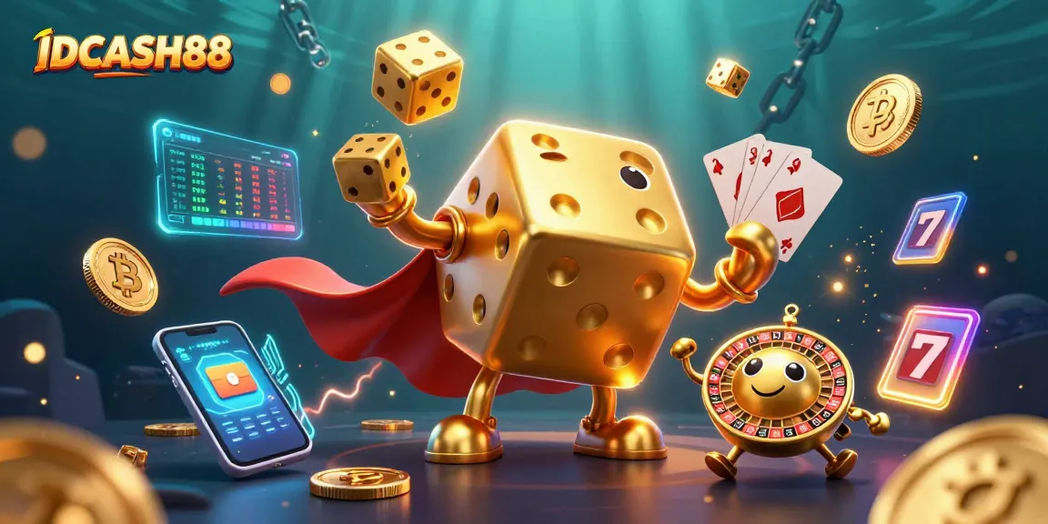 Engage with IDCASH88 by spinning slots and winning with golden dice in a vibrant casino scene.