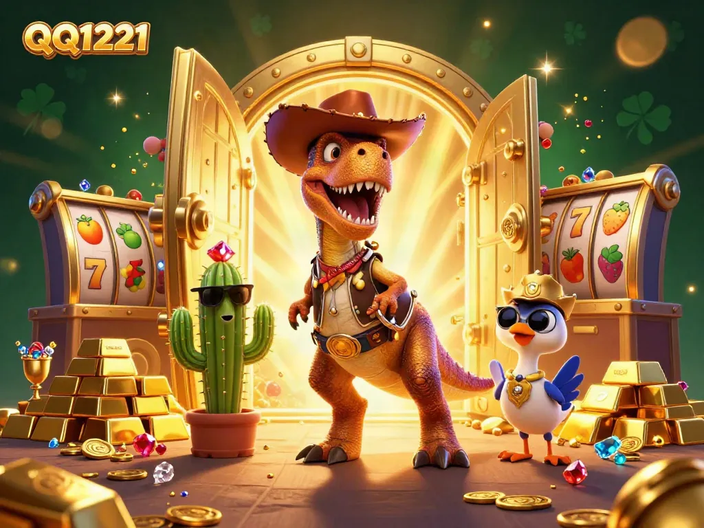 Spin the reels with QQ1221 in a vibrant casino scene with cartoon characters and treasures.