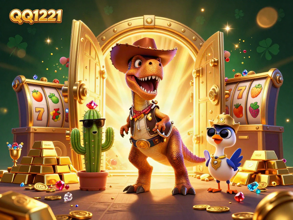Spin the reels with QQ1221 in a vibrant casino scene with cartoon characters and treasures.