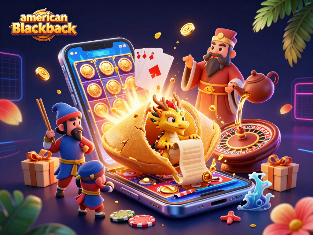 Win at american-blackjack with strategies showcased in a vibrant 3D illustration of fantasy elements and casino symbols.