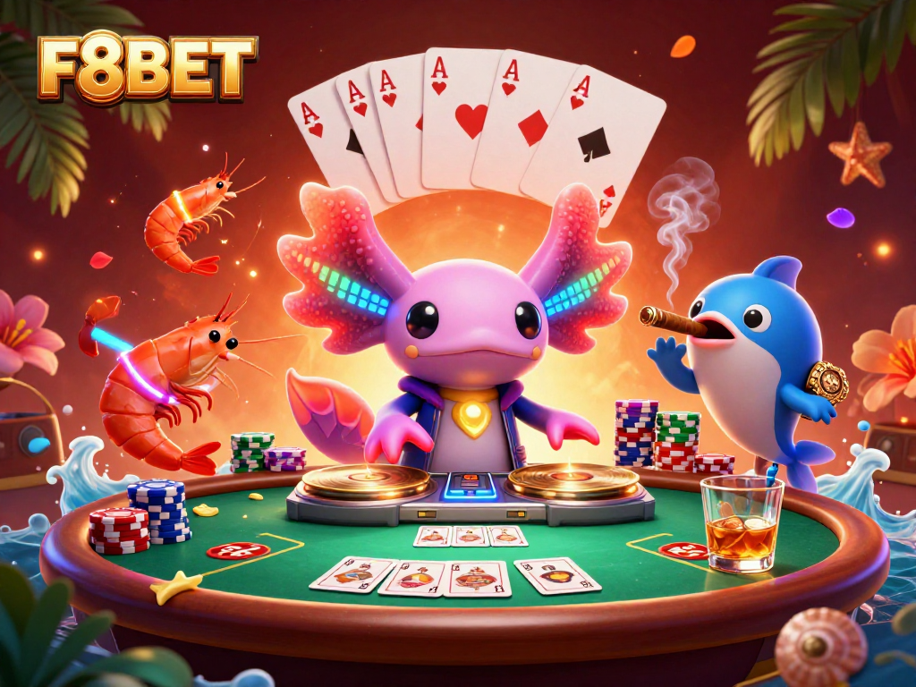 Experience F8BET's vibrant casino atmosphere with glowing axolotl DJ and poker action.