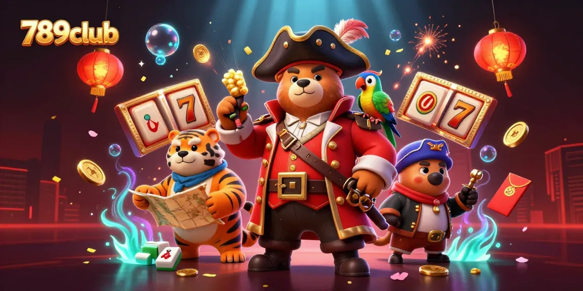 Explore gaming excitement with 789club's pirate-themed casino illustration featuring vibrant slot machines and festive elements.