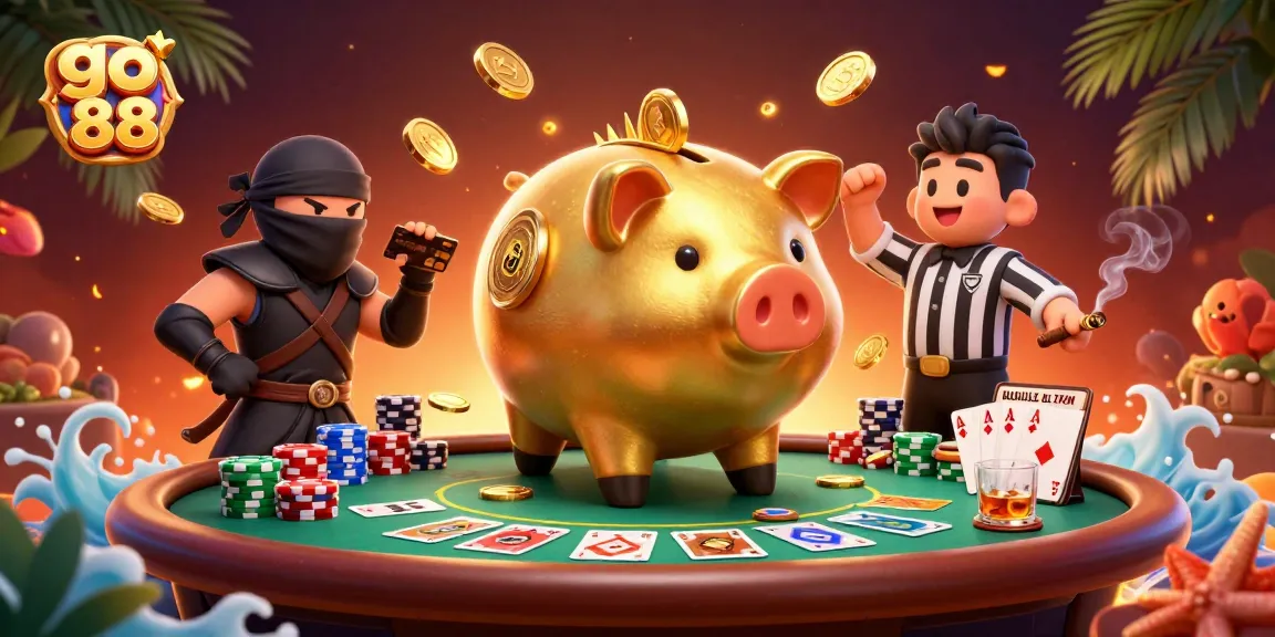 Engage with go 88 in an energetic casino showdown, showcasing a vibrant 3D illustration of unique characters and elements.