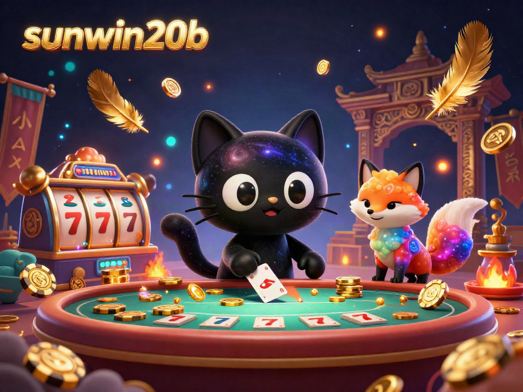 Win with sunwin20b's cosmic casino illustration featuring a black hole cat and colorful fox.