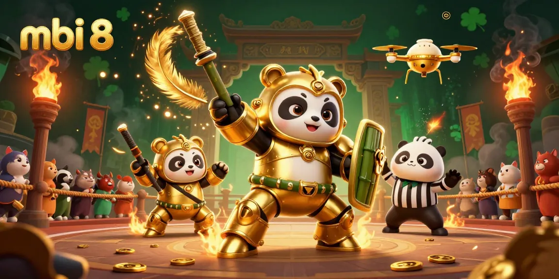 Engage with thrilling gameplay at mbi 8, a vibrant illustration featuring a golden panda in a mech-suit.