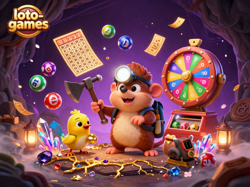 Loto-games showcase vibrant lottery action with a treasure hunter mole amidst colorful numbered balls and glowing gems.