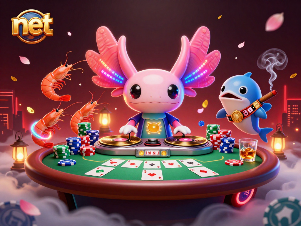 Engage with the exciting net gaming atmosphere, featuring neon axolotl DJ spinning at a vibrant poker table