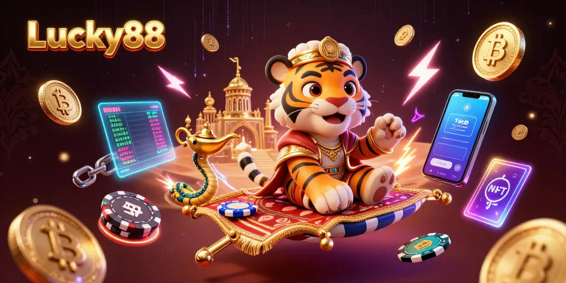 Experience the thrill of Lucky88 with a vibrant casino scene filled with colorful characters and crypto elements.