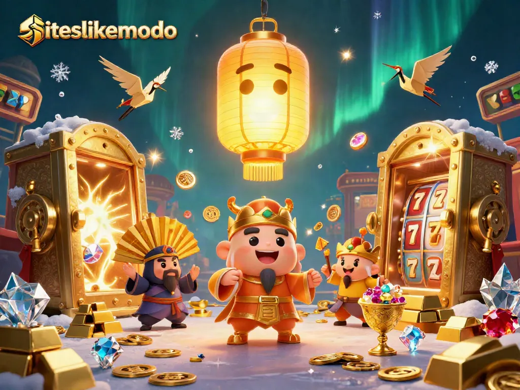 Play slots like in siteslikemodo with golden treasures and lucky symbols in a vibrant casino scene.
