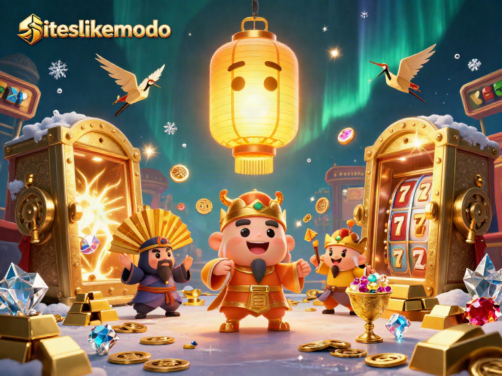 Play slots like in siteslikemodo with golden treasures and lucky symbols in a vibrant casino scene.