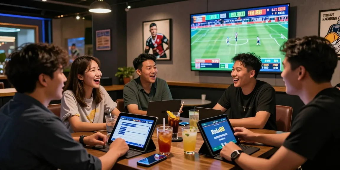 Bola88 sports enthusiasts enjoying live events in a vibrant lounge.