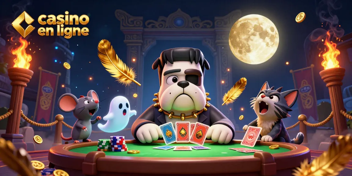Jouez au casino en ligne avec un bulldog Frankenstein et un chaton loup dans un cadre fantastique.