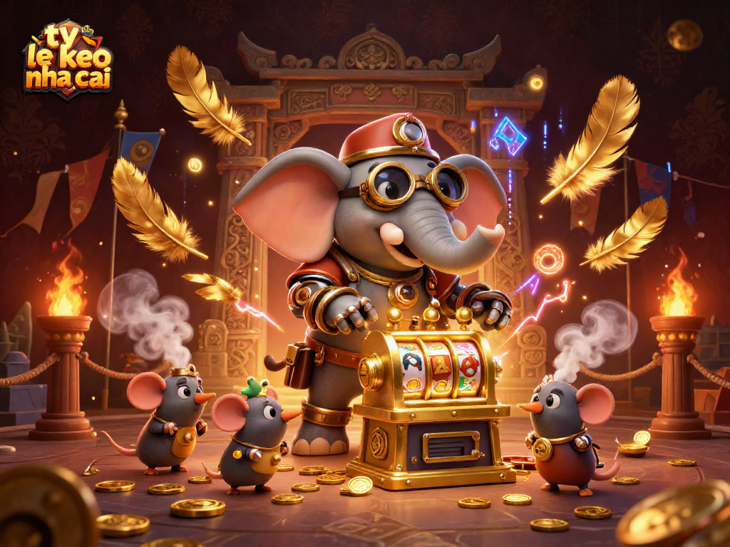 Engage with ty le keo nha cai through a vibrant 3D scene featuring a steampunk elephant and gaming elements.