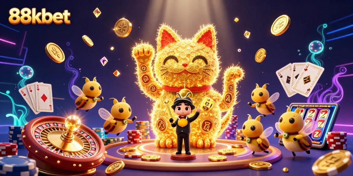 Experience the thrill of winning with 88kbet in a vibrant casino-inspired scene filled with gold and excitement.