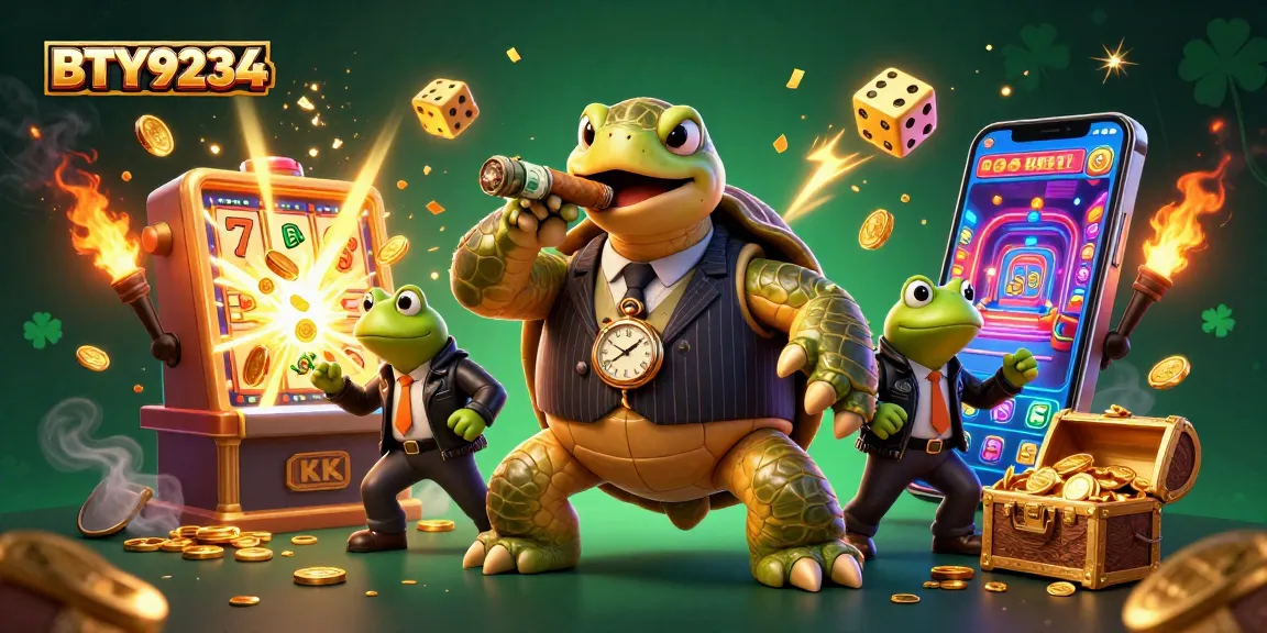 Experience the thrill of BTY9234 with vibrant slot machines and a charming mobster turtle.