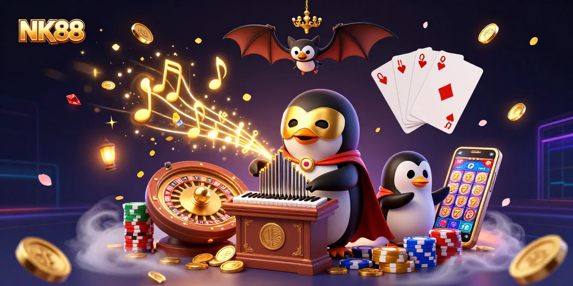 NK88 showcases thrilling gambling environments with an exciting penguin playing an organ of golden coins.