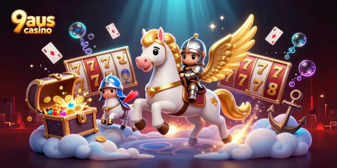 Experience thrilling gaming at 9aus casino with a vibrant 3D scene featuring a celestial theme and exciting casino elements.