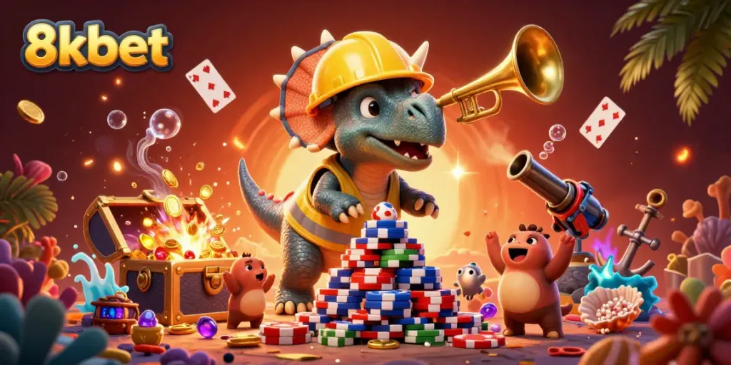 Celebrate gaming wins at 8kbet with vibrant characters building poker chip pyramids.