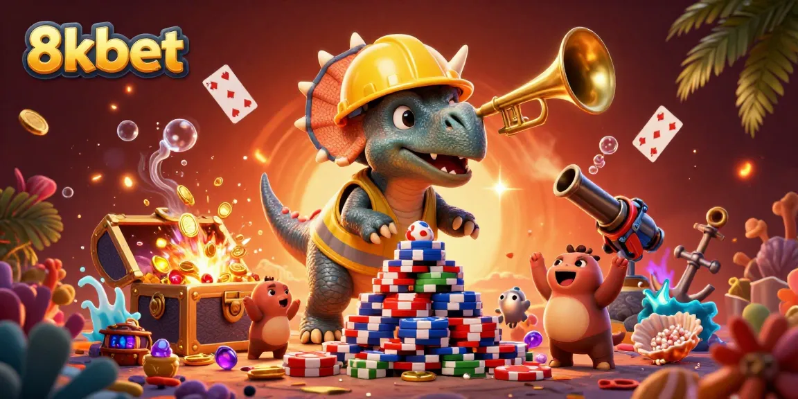 Celebrate gaming wins at 8kbet with vibrant characters building poker chip pyramids.