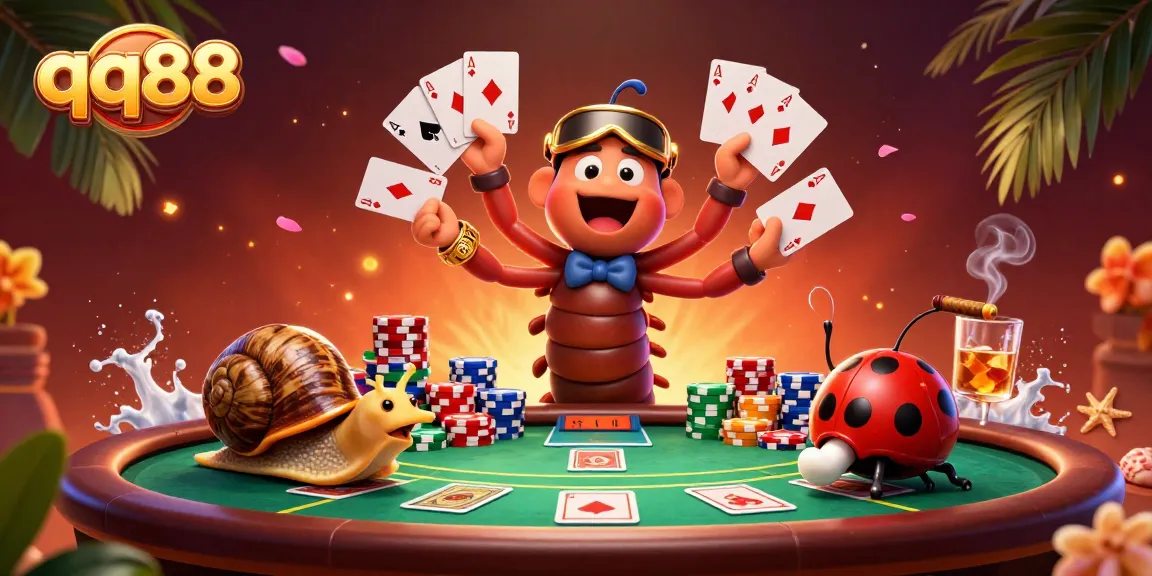 Bet strong with qq88: Experience the thrill with a lively poker game atmosphere in this vibrant illustration.