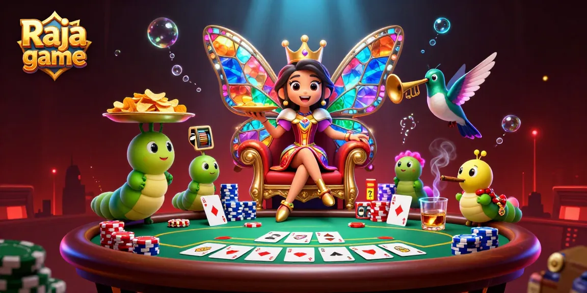 Engage in thrilling Raja game action with a colorful butterfly queen surrounded by vibrant casino elements.