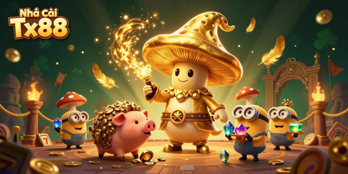 Engage with Nhà cái Tx88's thrilling gameplay featuring a golden mushroom wizard and treasure elements.