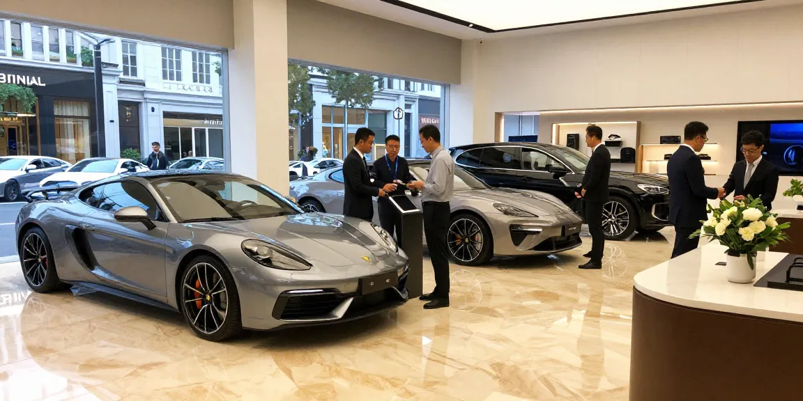 Interior showroom LUXURY 777 dengan mobil premium dan pelanggan berinteraksi