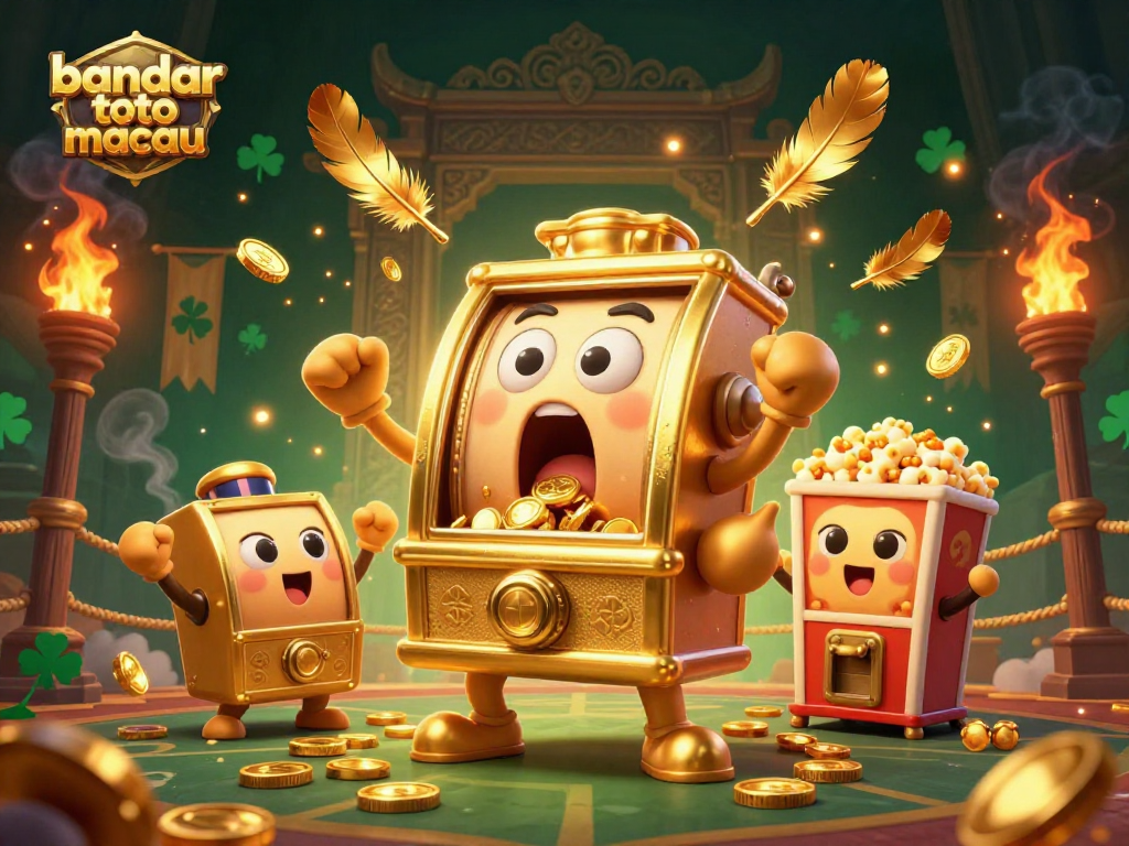 Experience excitement at bandar toto macau with a lively jackpot scene featuring cartoon slot machines and golden coins.