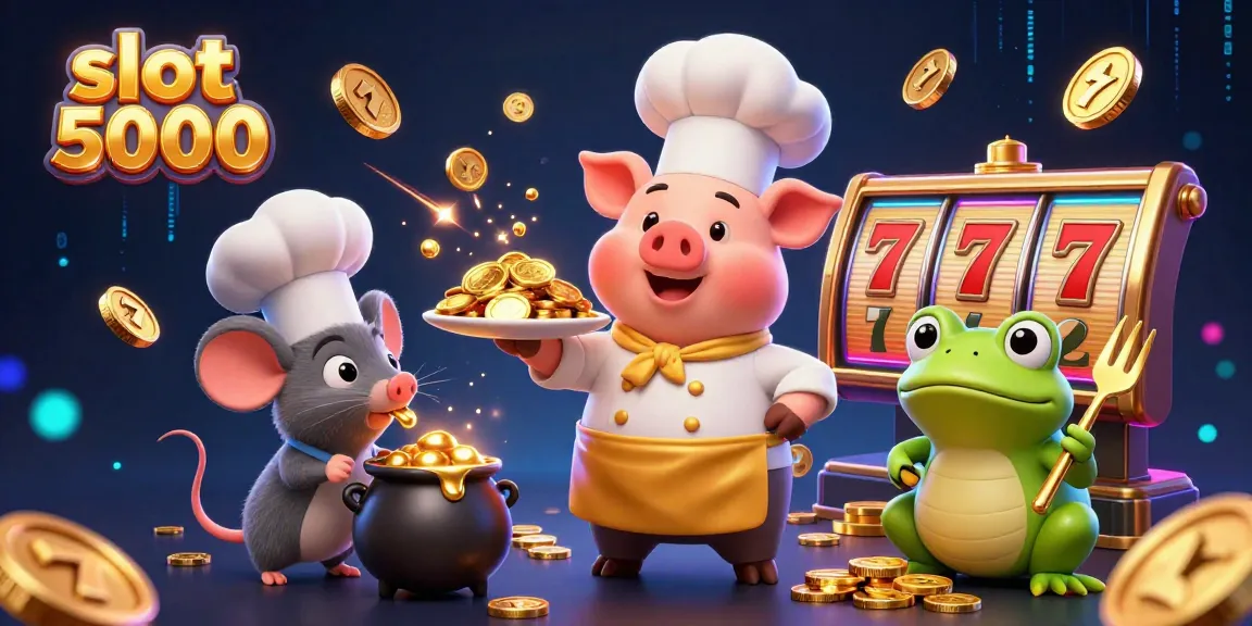 Slot 5000 menyajikan illustrasi 3D menggoda dengan chef dan simbol permainan slot.