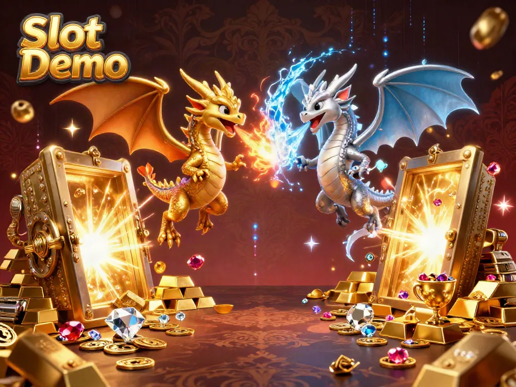 Engage with Slot Demo action featuring golden and silver dragons displaying their powers in a vibrant casino world.