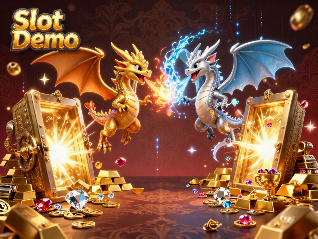 Engage with Slot Demo action featuring golden and silver dragons displaying their powers in a vibrant casino world.