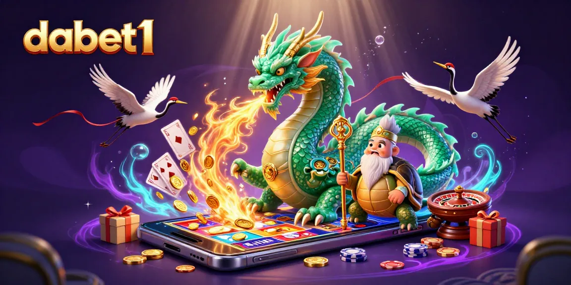 Dabet1 showcases a massive jade dragon and wise turtle amidst vibrant casino elements.