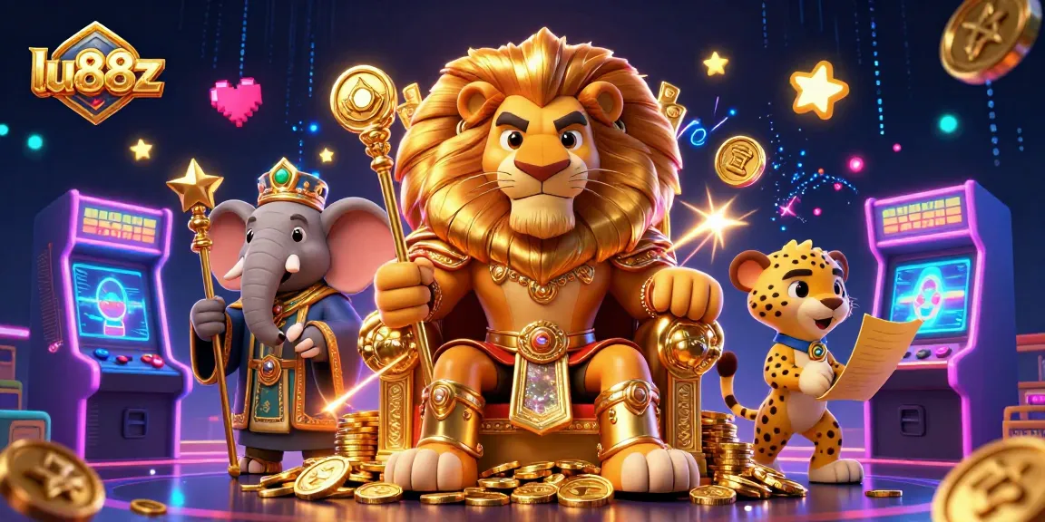 lu88z showcases a fierce lion king surrounded by vibrant gaming elements and glory.