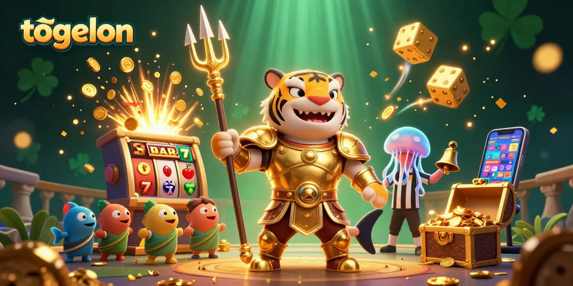 Engage with togelon by exploring a lively underwater casino scene featuring a golden shark, slot machines, and magical wins.