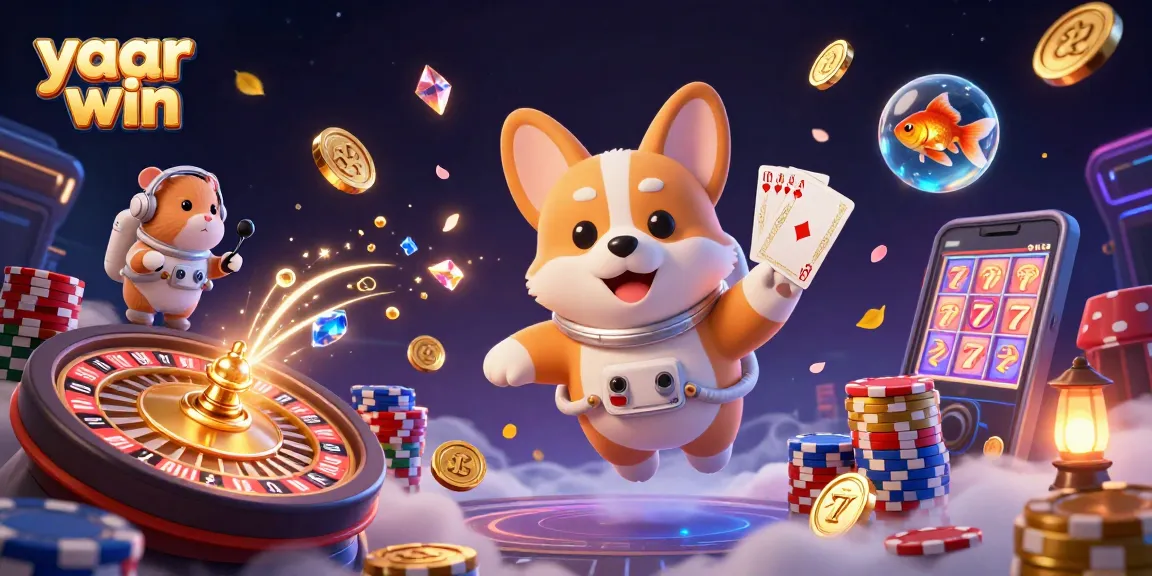 Experience the excitement of yaar win with a floating astronaut corgi and casino elements in space!