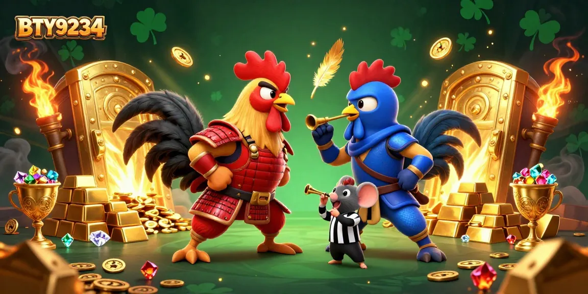 Experience the thrill of BTY9234 featuring cartoon roosters in a dynamic casino showdown with gold treasures.