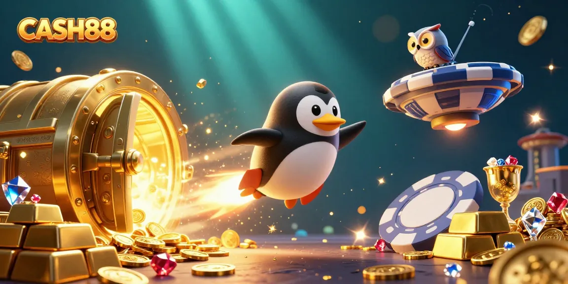 Experience the thrill at CASH88 with a dynamic 3D illustration of a golden penguin racing to fortune.