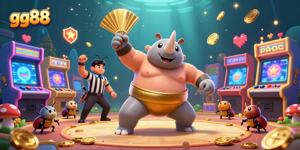 Experience excitement with gg88’s animated scene featuring a beetle sumo champion amidst sparkling casino elements.