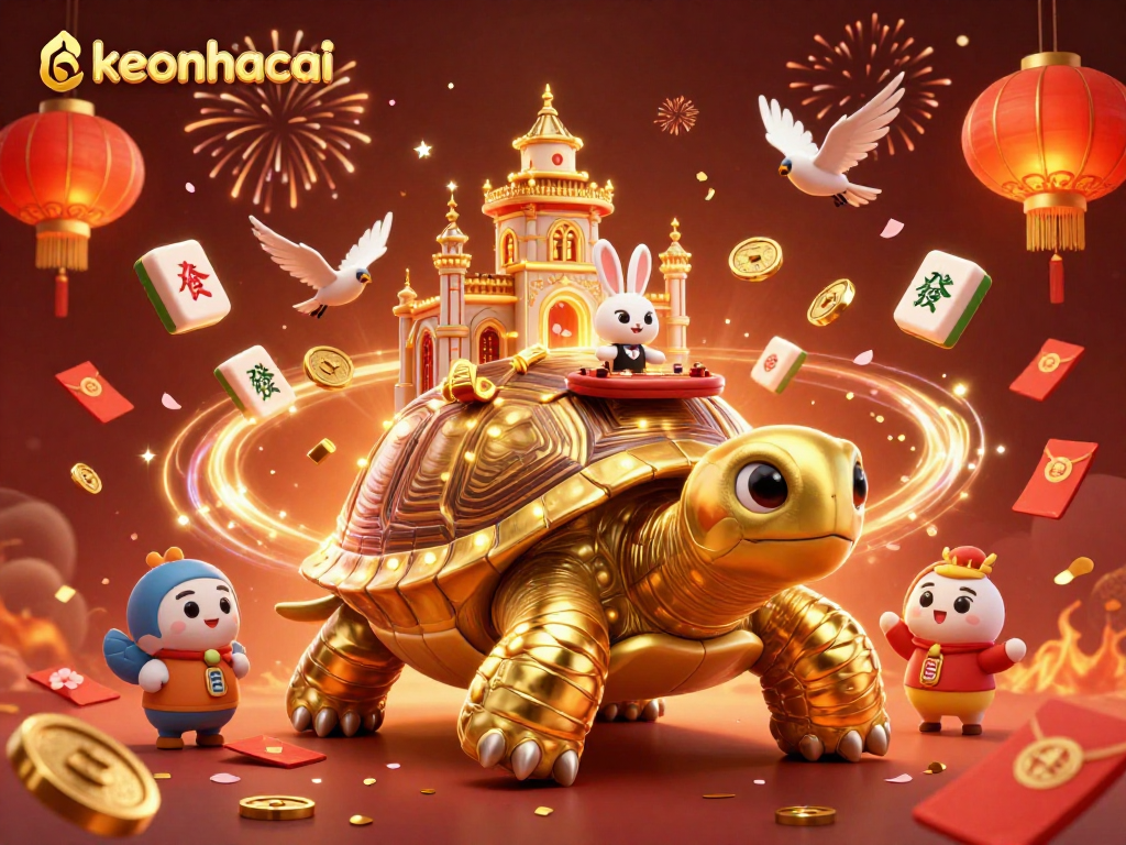 Engage with keonhacai’s dynamic casino scene featuring a golden tortoise and thriving game elements.