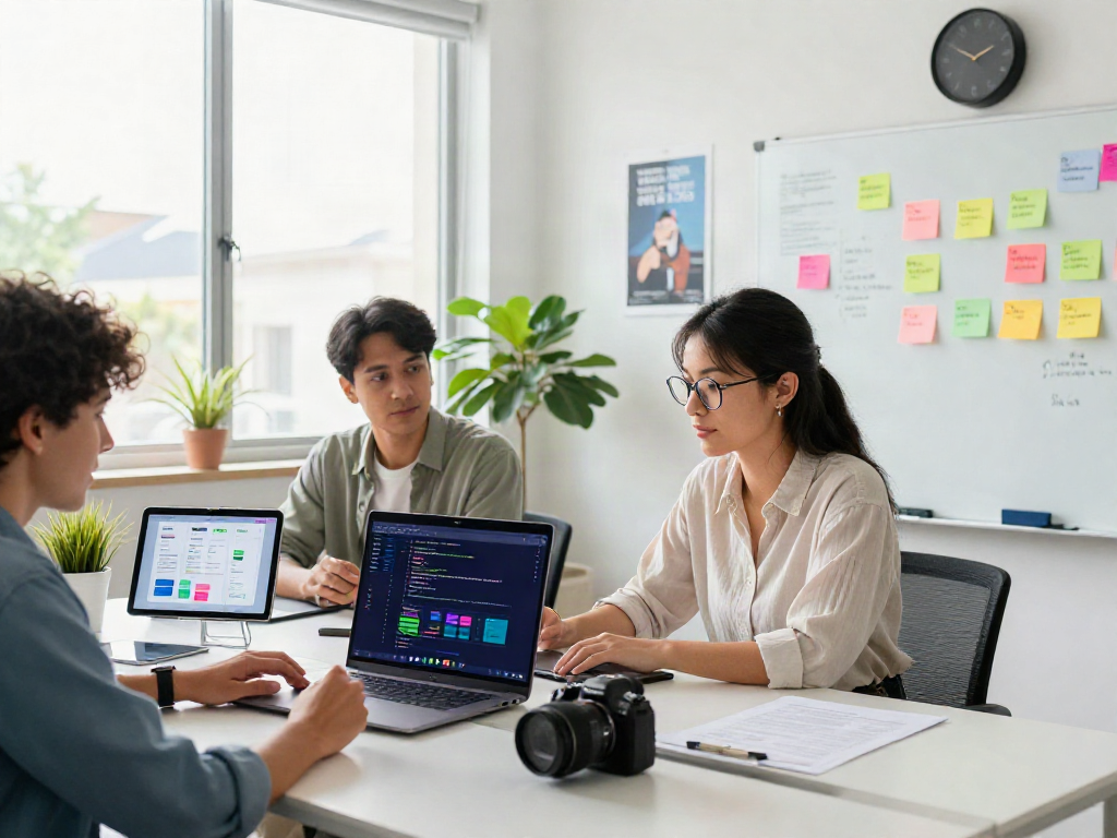Collaborative workspace scene with developers discussing Pikashow APK app design, modern tech environment, vibrant energy.