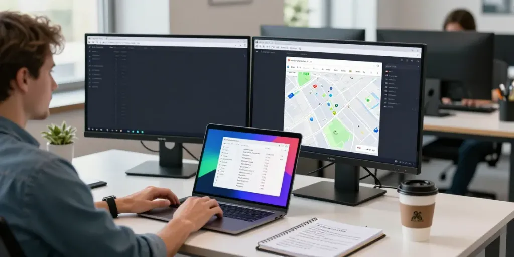Data analyst using the Google Maps scraping tool by Outscraper in a modern office setting.