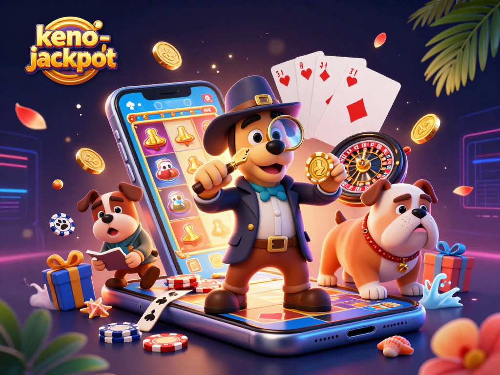 A 3D illustration of keno-jackpot action featuring cartoon detective bloodhound and bulldog companions with casino elements.