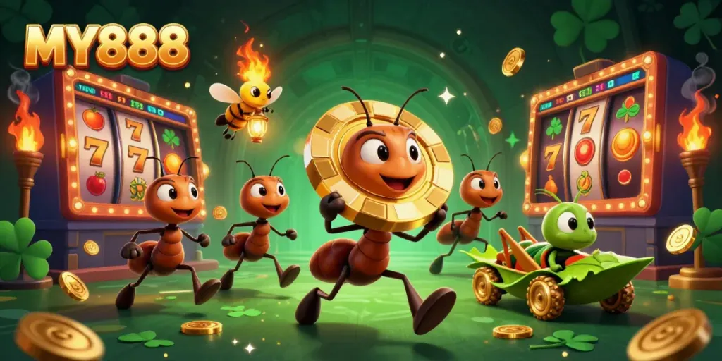 Engage with the thrilling MY888 heist as ants dash carrying a giant poker chip amidst vibrant casino elements.