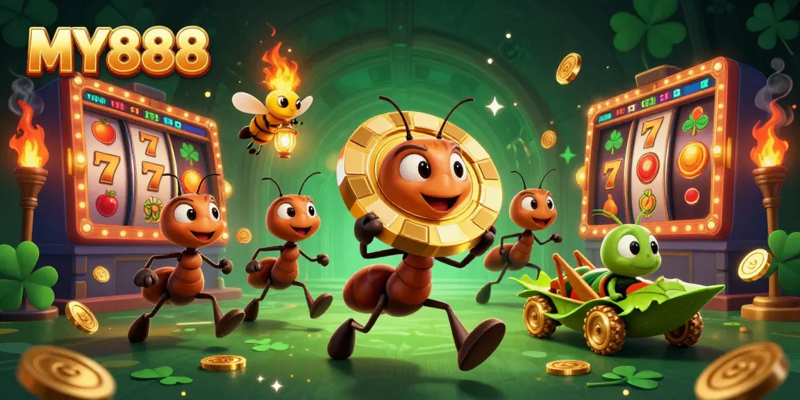 Engage with the thrilling MY888 heist as ants dash carrying a giant poker chip amidst vibrant casino elements.