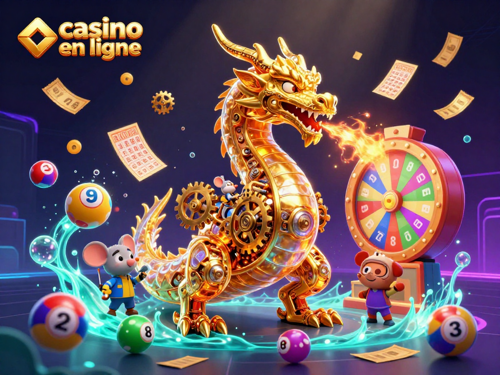 Jouer au casino en ligne avec des machines à sous et des lots colorés qui s'éparpillent dans l'air.