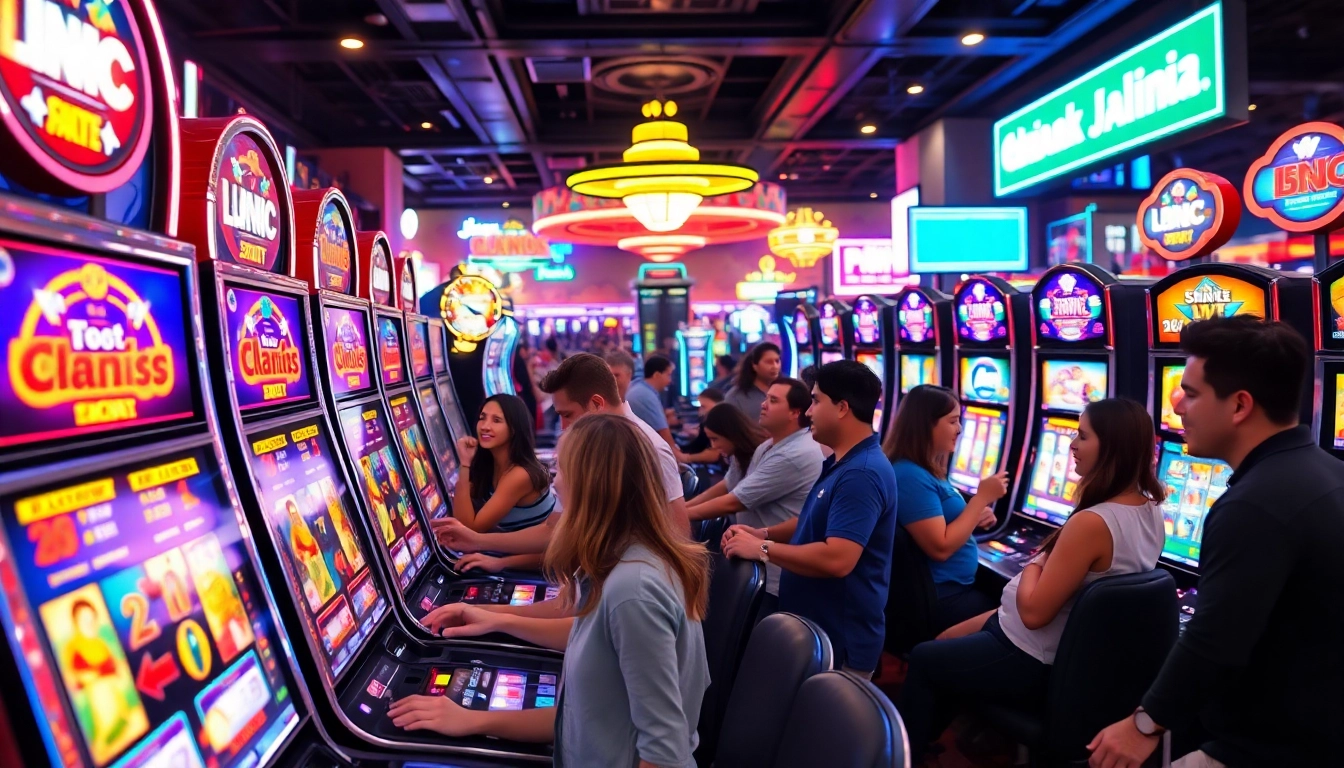 Players enjoy the excitement of slot gambling amidst colorful casino slots.